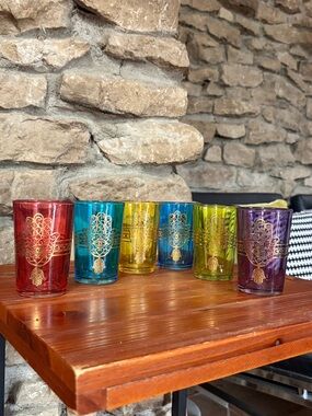 NWT Colorful Hamsa Glass Tumbler Set - 6 Pieces Bronze Verre Made in Morocco